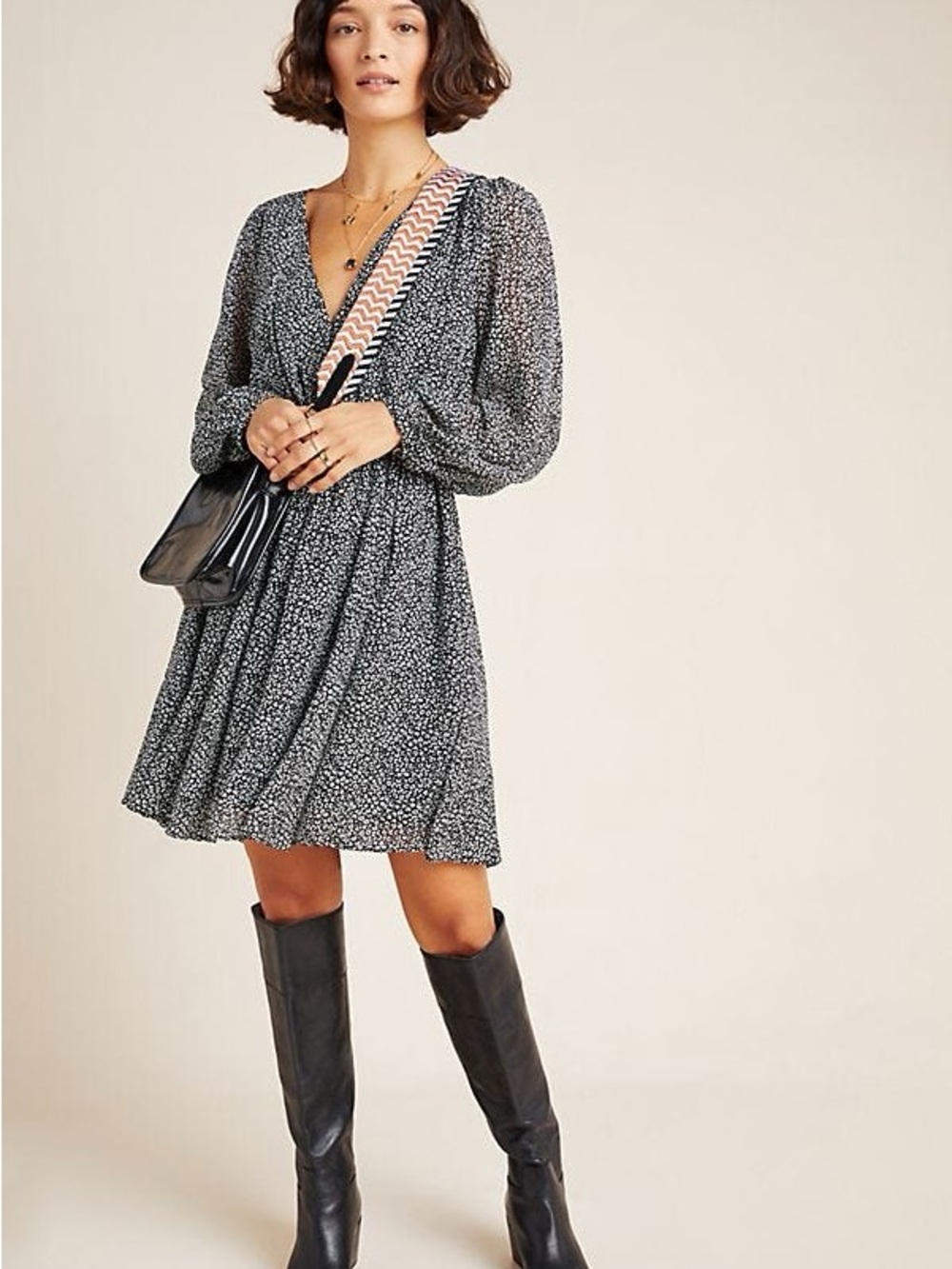Anthropologie Maeve Carolyn Black Micro Floral V-Neck Mini Dress